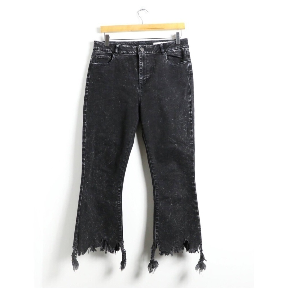 ASOS denim black jeans marble stone wash raw hem distressed cropped flared new